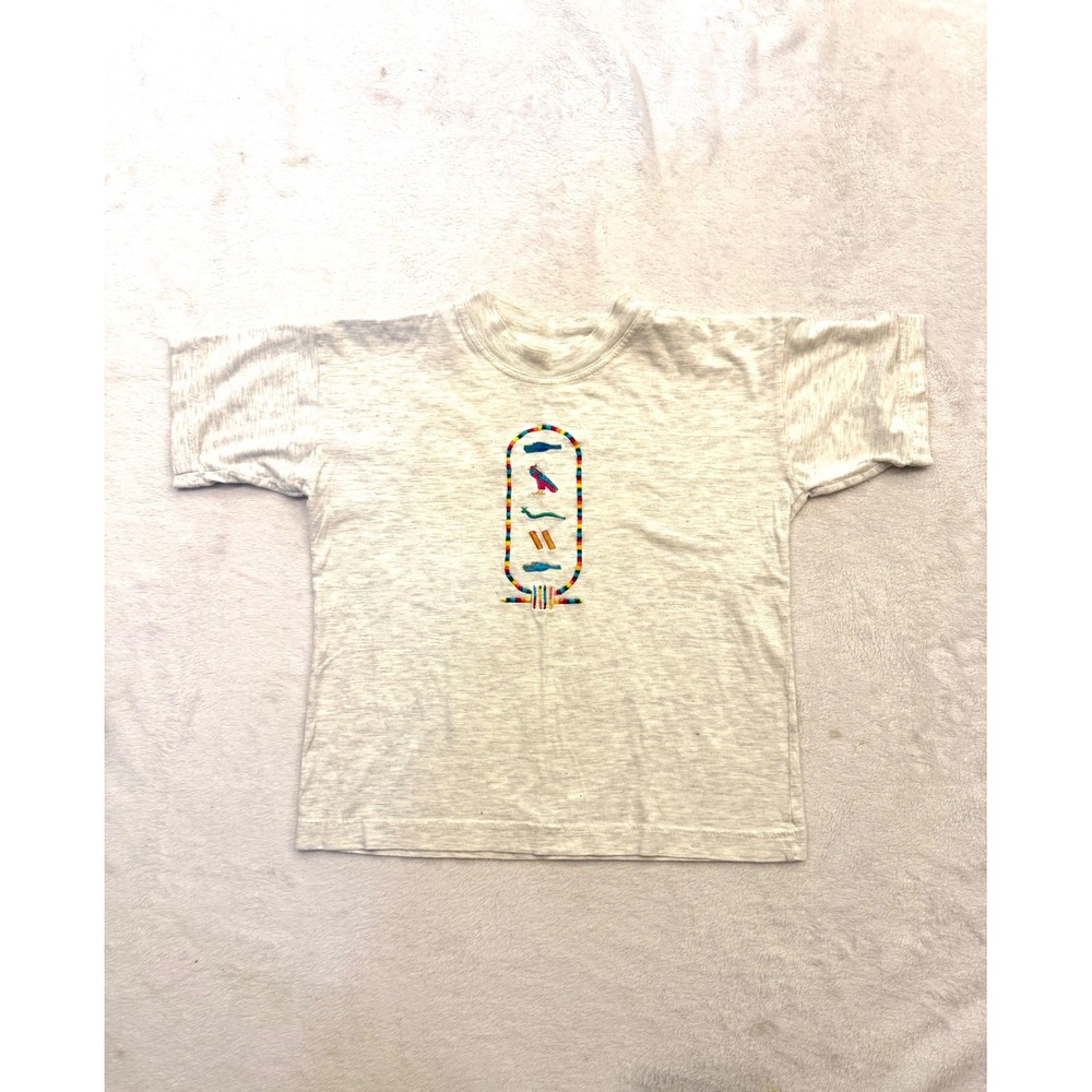Vintage Darwish Egyptian Hieroglyphics Embroidered Cotton T-Shirt Kids XL Gray